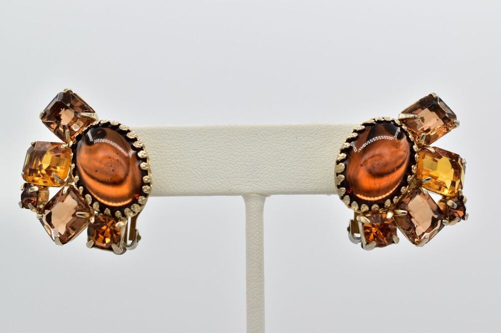 Vintage Cabochon Clip On Earrings Amber Rhinestone Crystal Bezel Chunky 1960s 9D